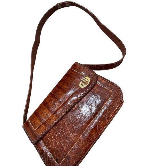 Women's Cuban Alligator Burnt Brown Snap Light Academia Preppy Minimal Crossbody - Picture 5 of 13